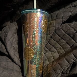 Starbucks Iridescent Cup with Gold Glitter Dots and Teal Lid